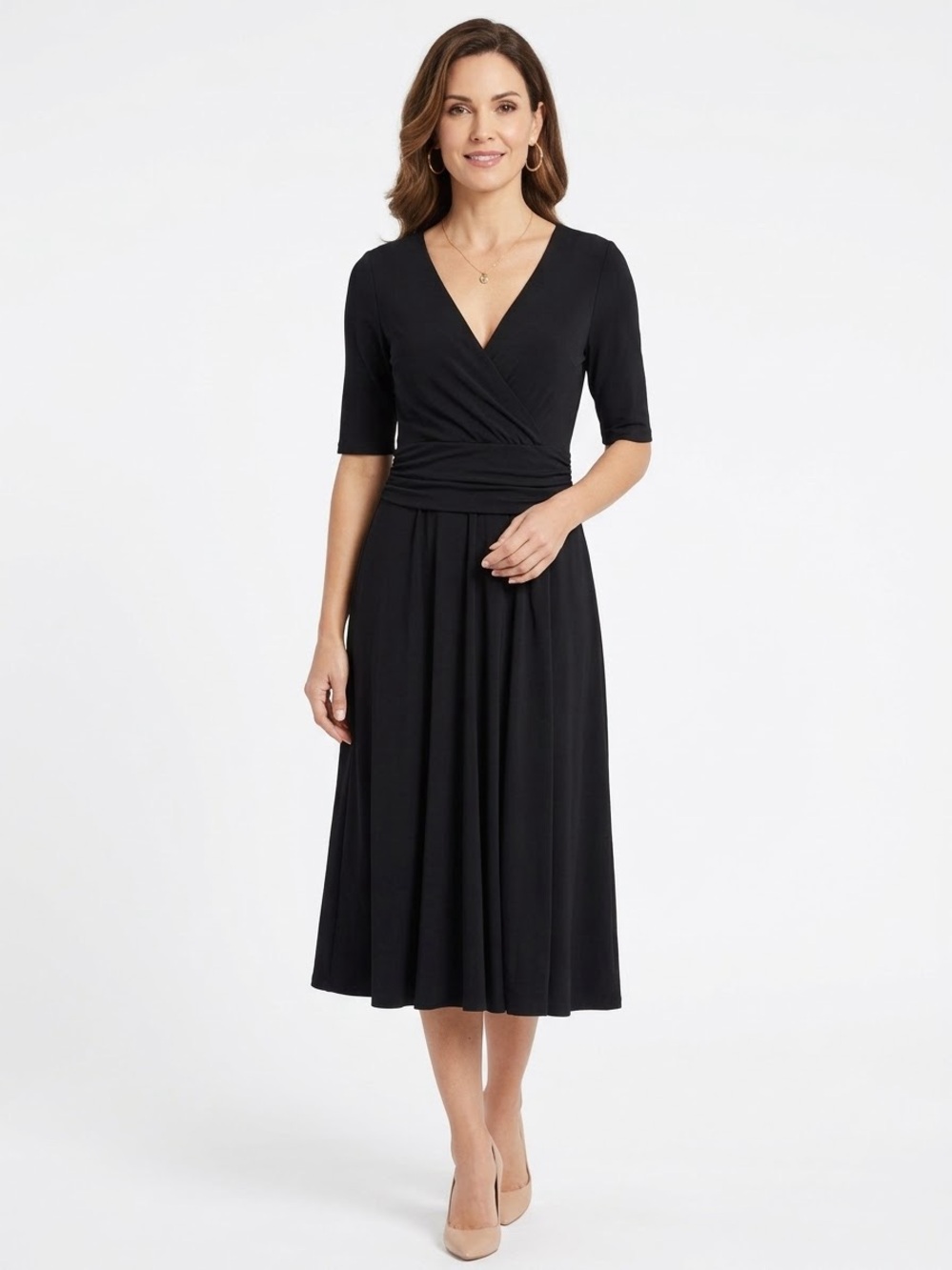 Boden Black Jersey Knit A Line Midi Dress Ruched waist Pickets Sz 4